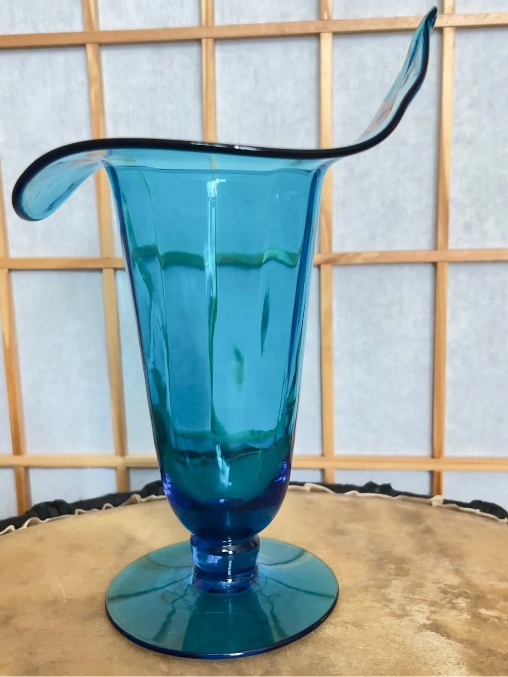 Vtg Bischoff Glass Peacock Blue Ruffled Trumpet Vase MCM